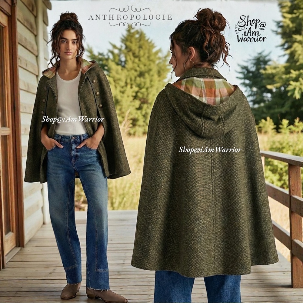 Vintage Heritage Olive Wool Herringbone Cape w/ Plaid Lined detachable hood